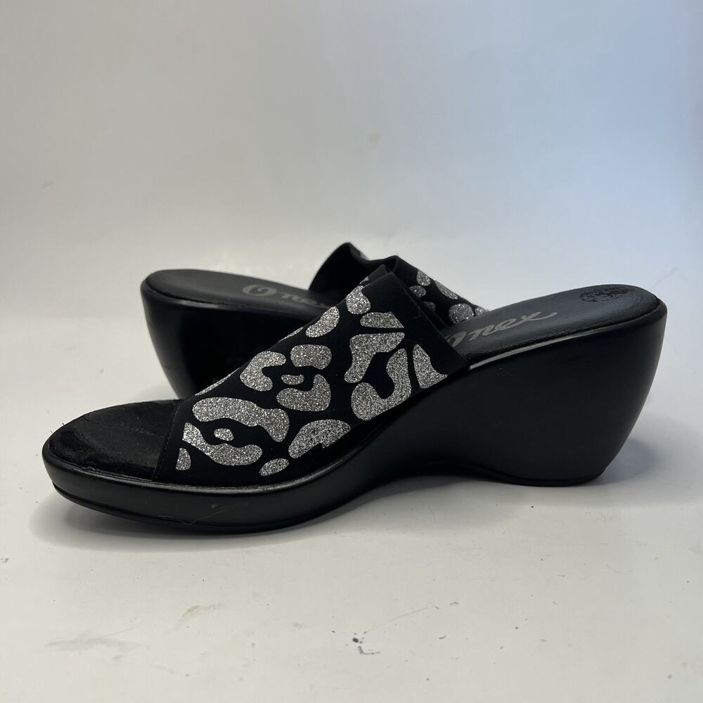 Onex Women's Wedge Sandals Black Sparkly Silver Animal Print Wedge Size 7 (37) - Picture 7 of 13